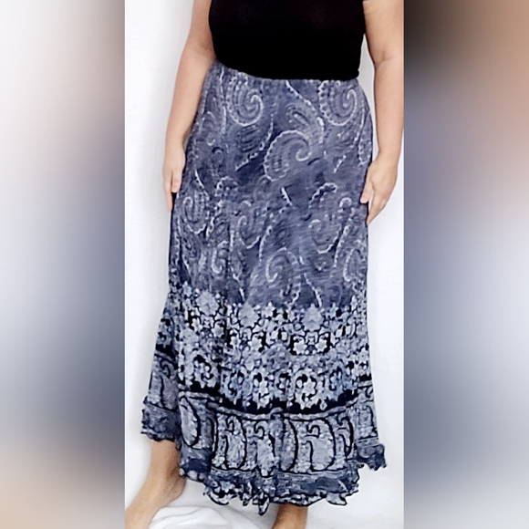 Roz&Ali Women's Plus Size 100%Rayon Maxi Skirt Crinkle Ruffle Pull On Blue 2X - Picture 5 of 12